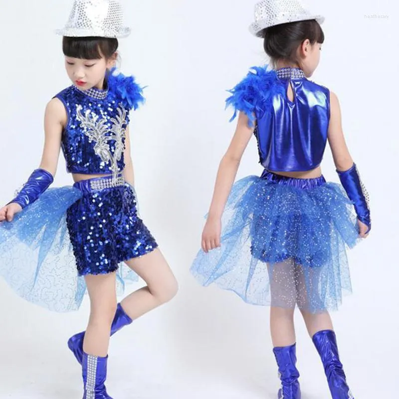 Bühnenkleidung Mädchen Pailletten Hip Hop Performance Kostüme Set Blau Schwarz Jungen Ballsaal Jazz Dance Kleidung Kinder Party Outfits