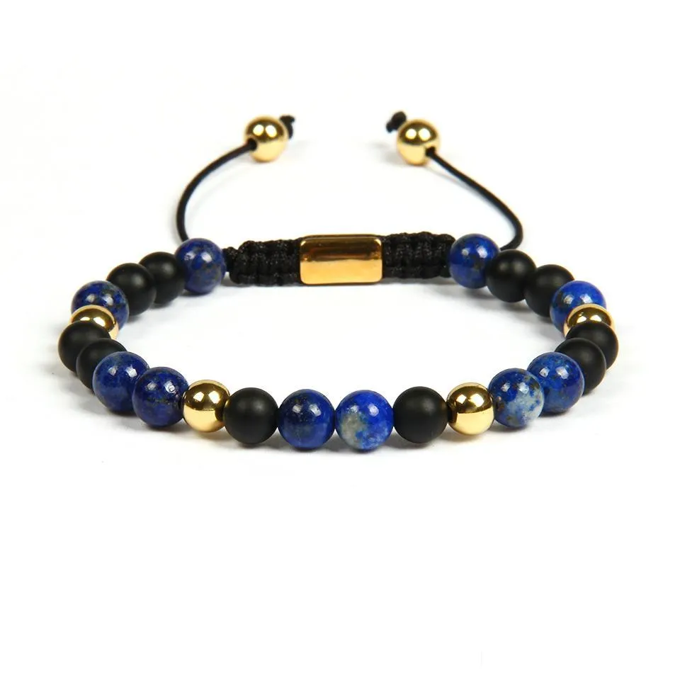 Kralen mannen armband natuurlijke lapis lazi stenen kralen gevlochten armbanden met 6 mm matte agaat roestvrijstalen sieraden niet vervagen druppel deliv dhgvi