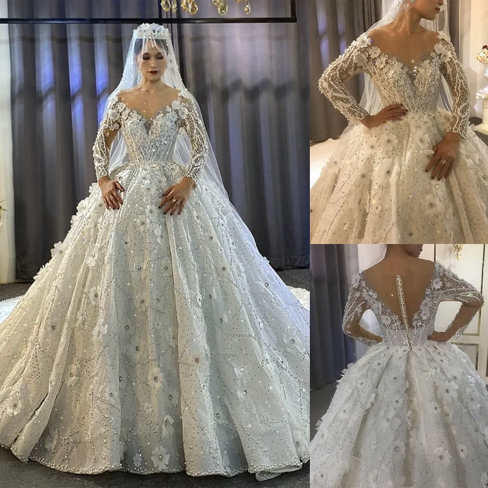 3D Flowers Wedding Dress Saudi Arabia Sexy Sheer V Neck Long Sleeve Bridal Gowns Romantic Bride Dress Robe De Mariee