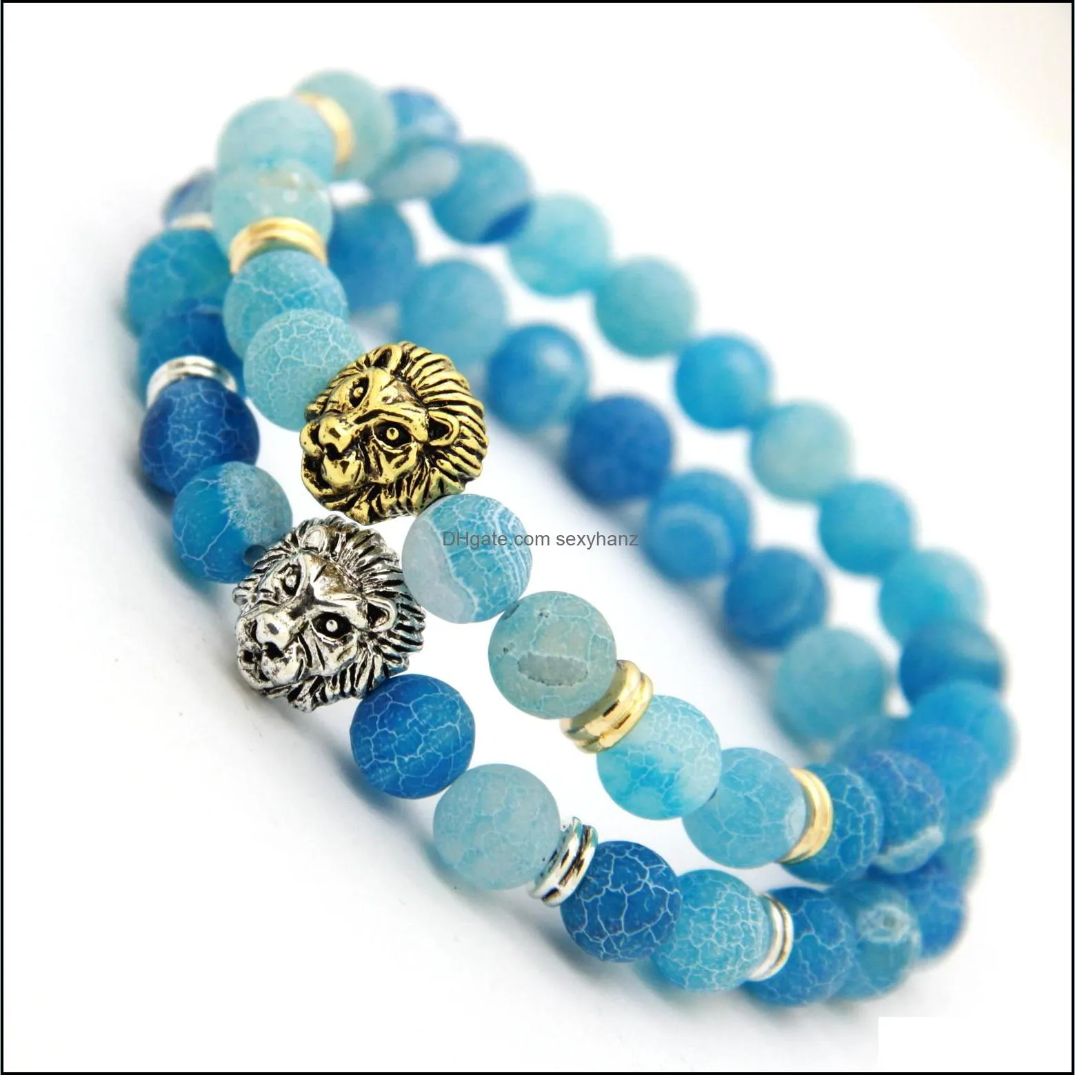 Beaded Mens Jewelry Wholesale 8Mm Sky Blue Weathering Agate Stone Antique Sier Real Gold Plated Lion Head Bracelets Drop Delivery Dhycv