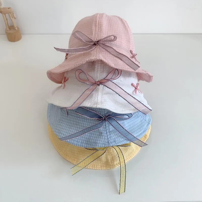 모자 귀여운 여름 여자 아기 버킷 모자 모자 모자 모자 격자 무늬 핑크 리본 보우 노드 보우 노드 아이 해변 썬 캡 어린이 스프링 유아 파나마