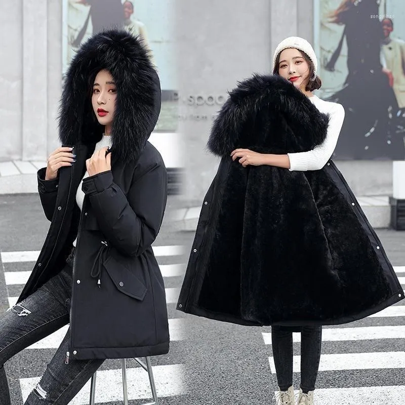 Trench da donna 2022 Giacca da donna invernale Collo di pelliccia caldo Cappotto spesso Moda Lungo Parka con cappuccio Abbigliamento donna Abbigliamento da neve femminile