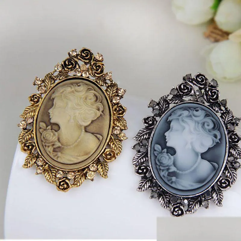 Pinos broches antigos sier moldura lady head retrato broche pin fashion busines terno de negócios tops cor shinestone broches jóias gota de grow dell dhyal