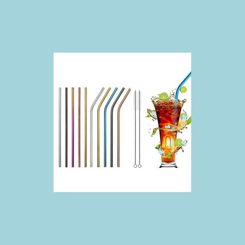 Drinking Straws Colored Stainless Steel Sts Reusable Drinking St 26 5Cm Metal Cleaning Brush Sile Tips Kitchen Accessories Party Bar Dhdyr