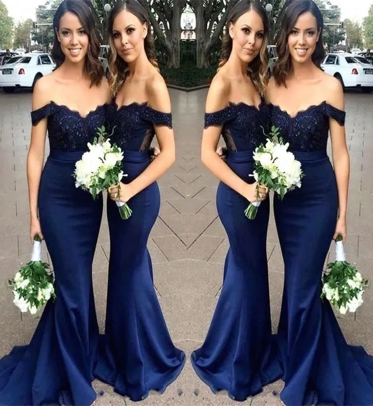 Navy Blue Bridesmaid 2023 Dresses Satin Off Shoulder Lace Beaded Straps Mermaid Floor Length Beach Wedding Guest Gowns Custom Made Plus Size