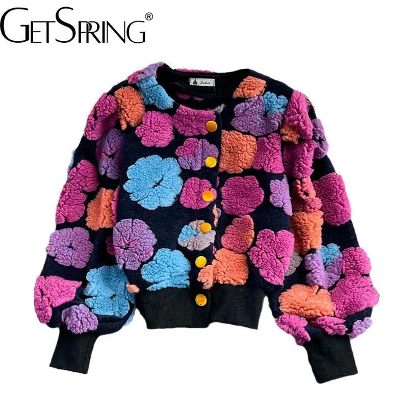 Mélanges de laine pour femmes GetSpring Femmes en Manteau Rétro Fleurs en peluche Tenues patchwork Veste All Match Short Outwear manteau d'hiver pour femme 221117