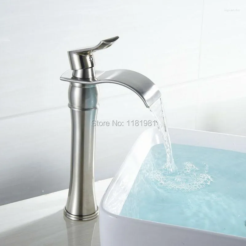 Bathroom Sink Faucets 12'' High Modern Deck Mount Waterfall Faucet Vanity Vessel Sinks Mixer Cold And Water Tap Nickle Brushed