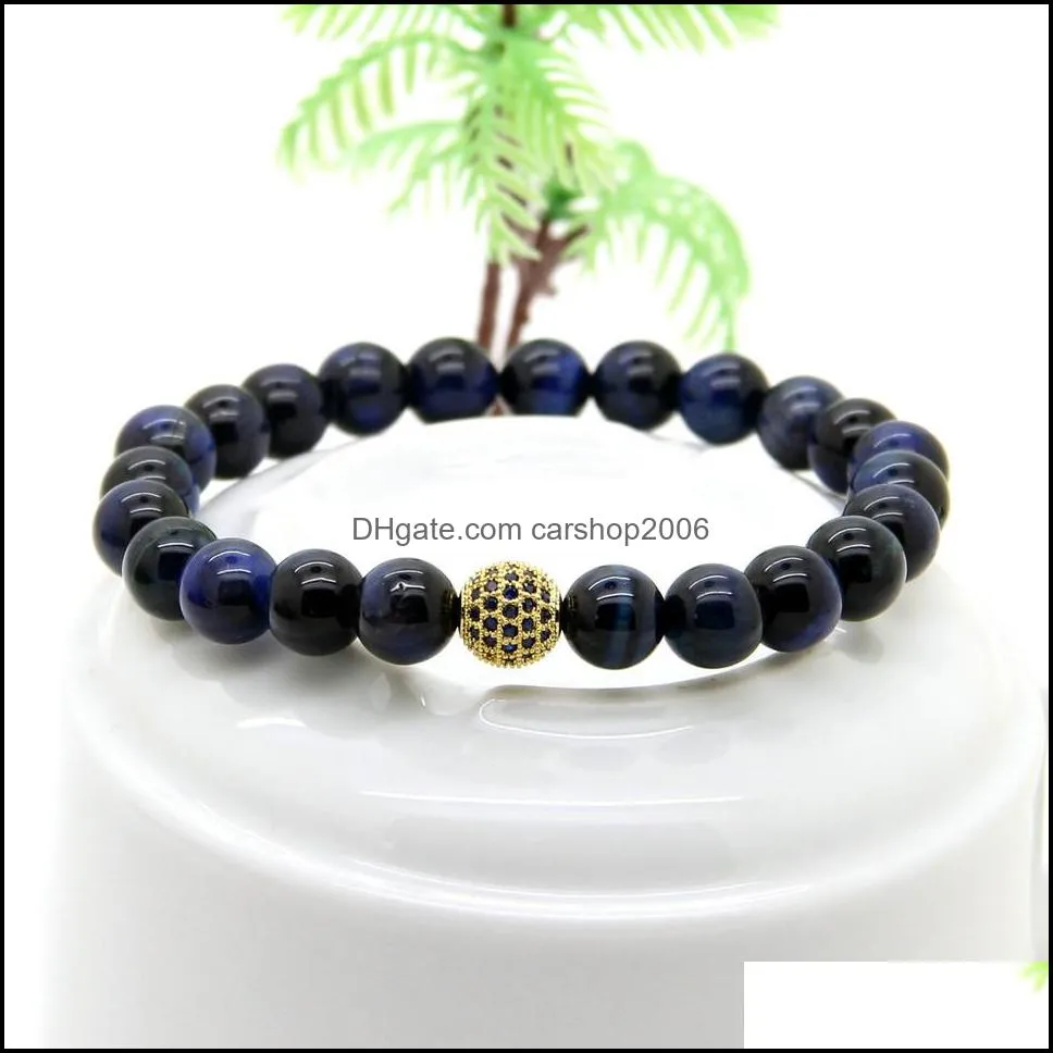 Urok bransolety 10pcs/partia 8 mm A klasa Blue Tiger Eye Stone Beads Bracelets Micro Pave CZ Ball Bewed Bejdia dla przyjaciela i fa dh2ke