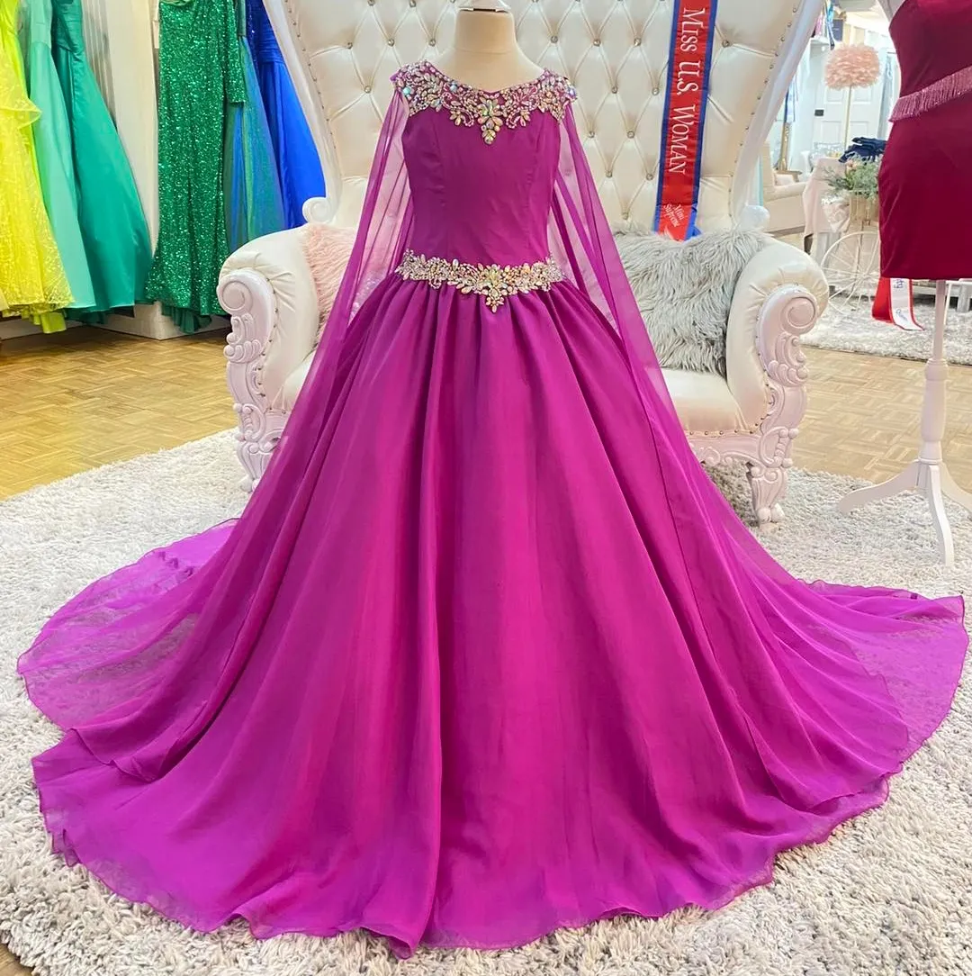 Little Girl Pageant Dress 2023 avec Cape Crystals Robe de bal en mousseline de soie Little Kids Birthday Party formelle Wear Robes Infant Toddler Teens Preteens Tiny Young Junior Miss