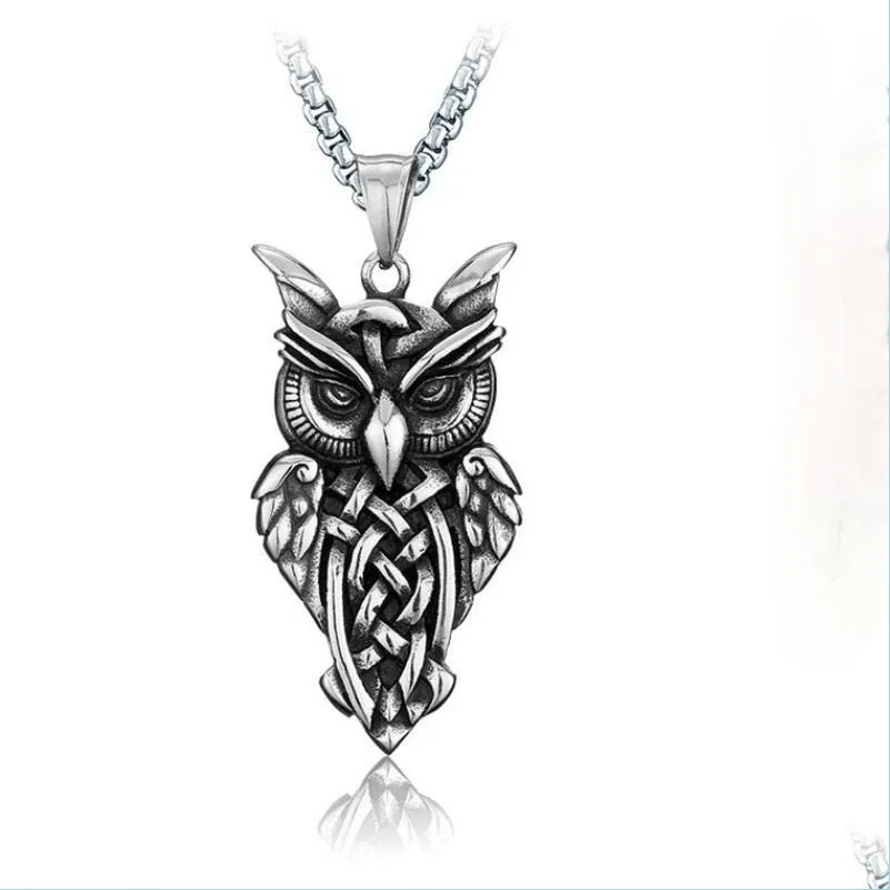 Pendant Necklaces Ancient Sier Owl Necklace Stainless Steel Pendant Necklaces Chain Women Men Hip Hop Fashion Jewelry Drop Delivery P Dhj4W