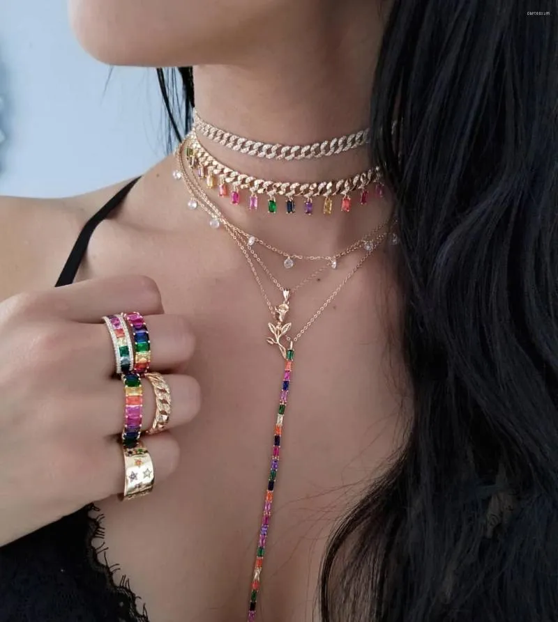 Catene di catene di lusso Rainbow CZ Cuban Link Chain con colorato Baguette Drop Charm Rock Hiphop Wedding Choker Necklace Gift