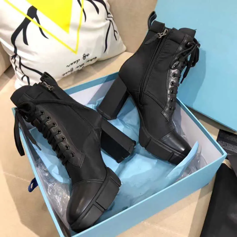 Women ROIS Boots Plaque Lace Up Boots 9.5cm High Heels Cheels Boot Boot Black 100 ٪ Boots Combat Combat Boots مع صندوق NO256