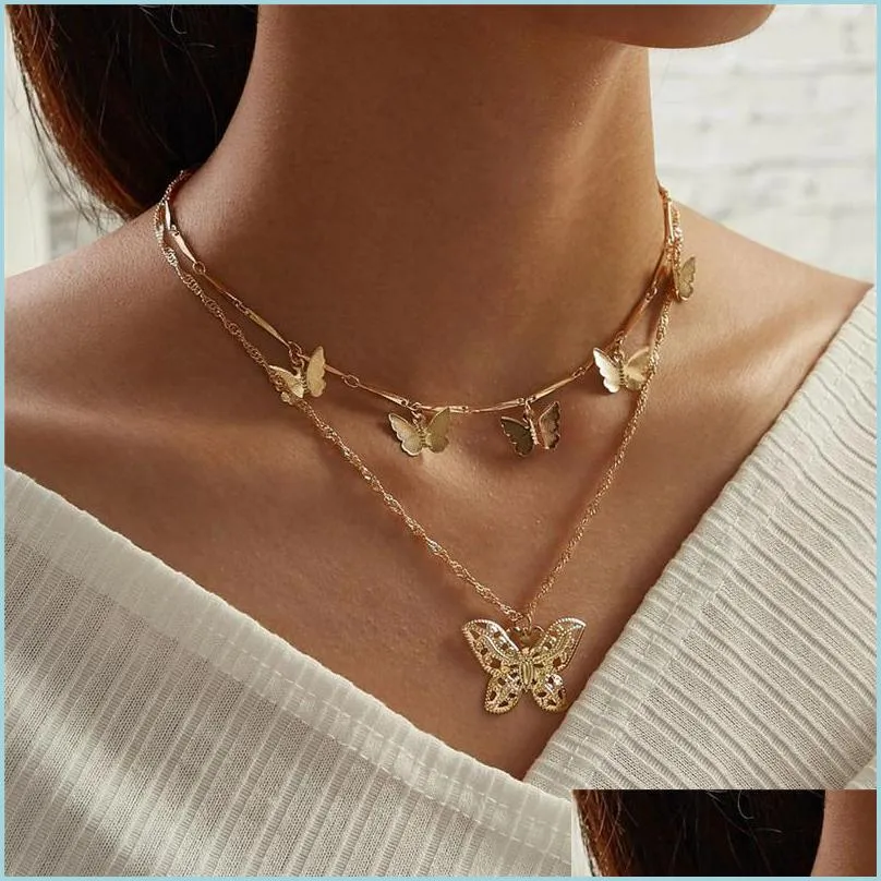 Pendant Necklaces Gold Hollow Butterfly Necklace Mtilayer Chokers Women Pendants Fashion Jewelry Gift Drop Delivery Necklaces Dhrq1