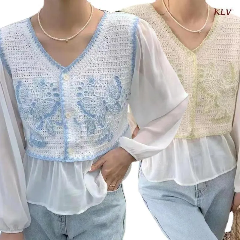 Blusas de mujer Camisas con botones y cuello en V para mujer Tops de encaje de ganchillo Blusa de manga larga de verano Camiseta suelta informal