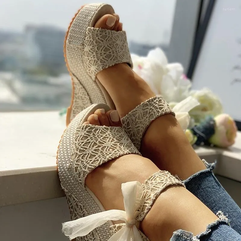 Sandalias de encaje informales para mujer, zapatos de tacón con cuña, Boca de pescado elegante, plataforma de fiesta, tacones altos, Sandalias a la moda para mujer 2022