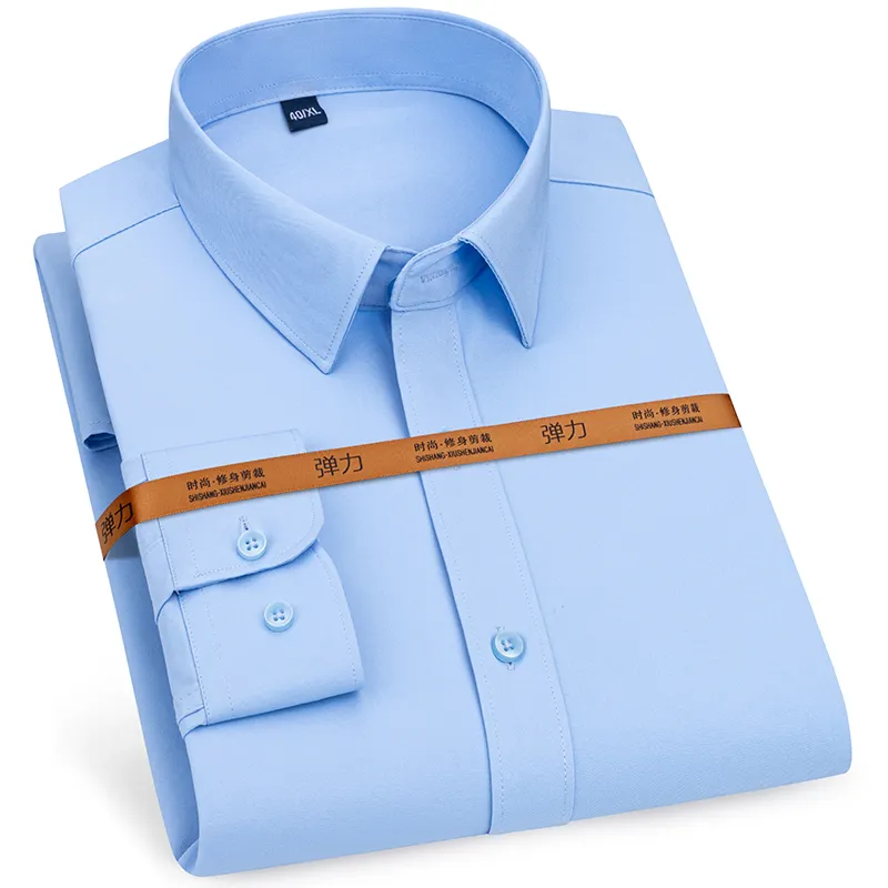 새로운 남자 드레스 셔츠 긴 소매 솔리드 스트레치 쉬운 치료 셔츠 공식적인 비즈니스 사무실/작업복 표준 적합 소셜 셔츠