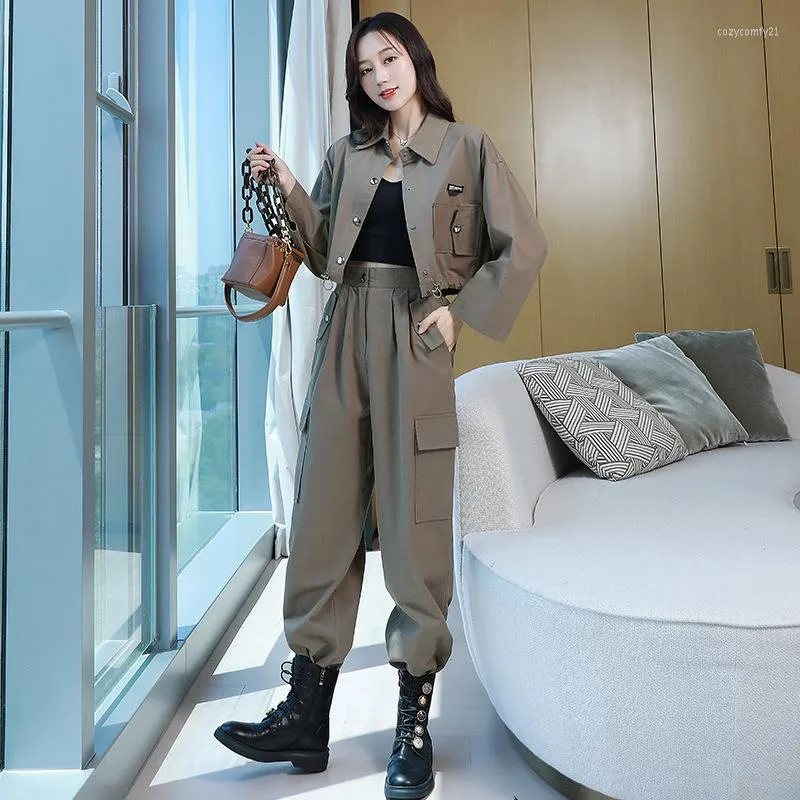 Women's Two Piece Pants 2022 Spring Autumn Coffee Color Safari Style Set Female Korean Fashion Drawstring Top Casual Cargo