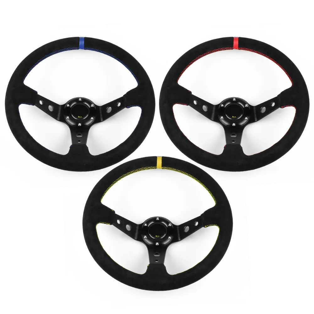 350MM 14inch Red Suede Leather Deep Dish Universal Racing Car Rally Drift Sport Steering Wheel
