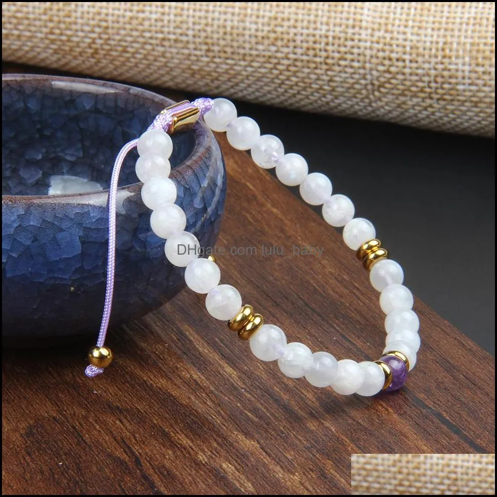 Beaded Fashion Stone Bracelet 6 мм натуральный лунный камень плетение для женской девушки из нержавеющей стали подарки, а не выцветающая доставка Brace dhn7x