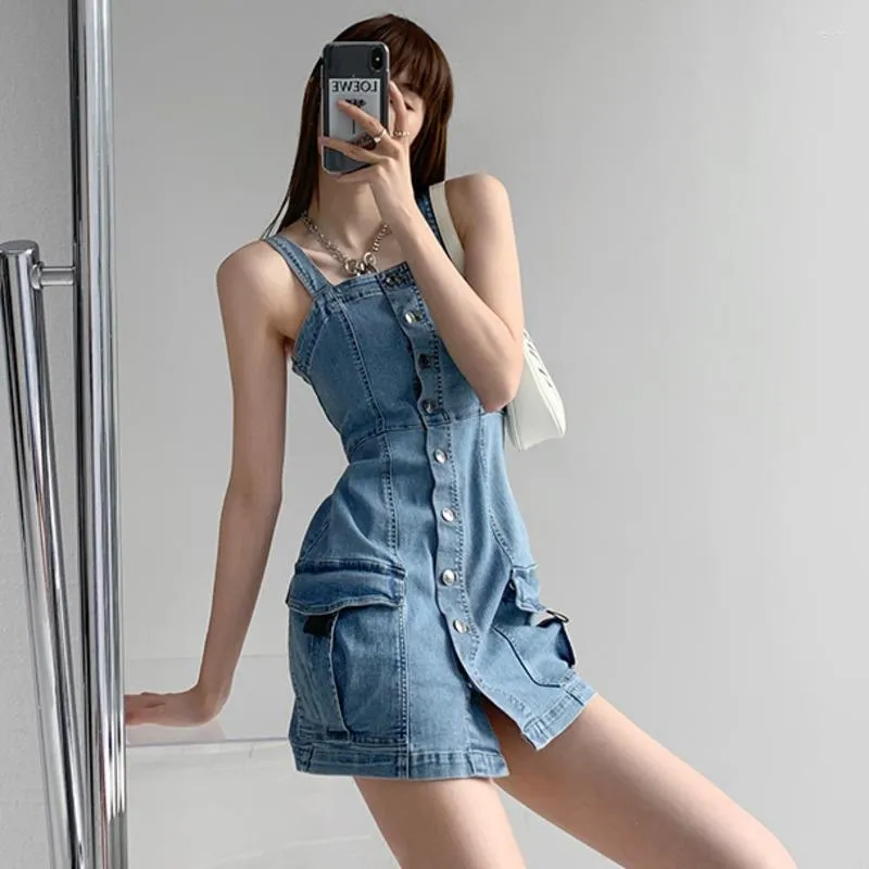 Casual Dresses Womengaga denim Mini Dress Vest Tank Thin Single Breasted Girl Female Elegant Short Safari Style Korean Women Topps Ax9i