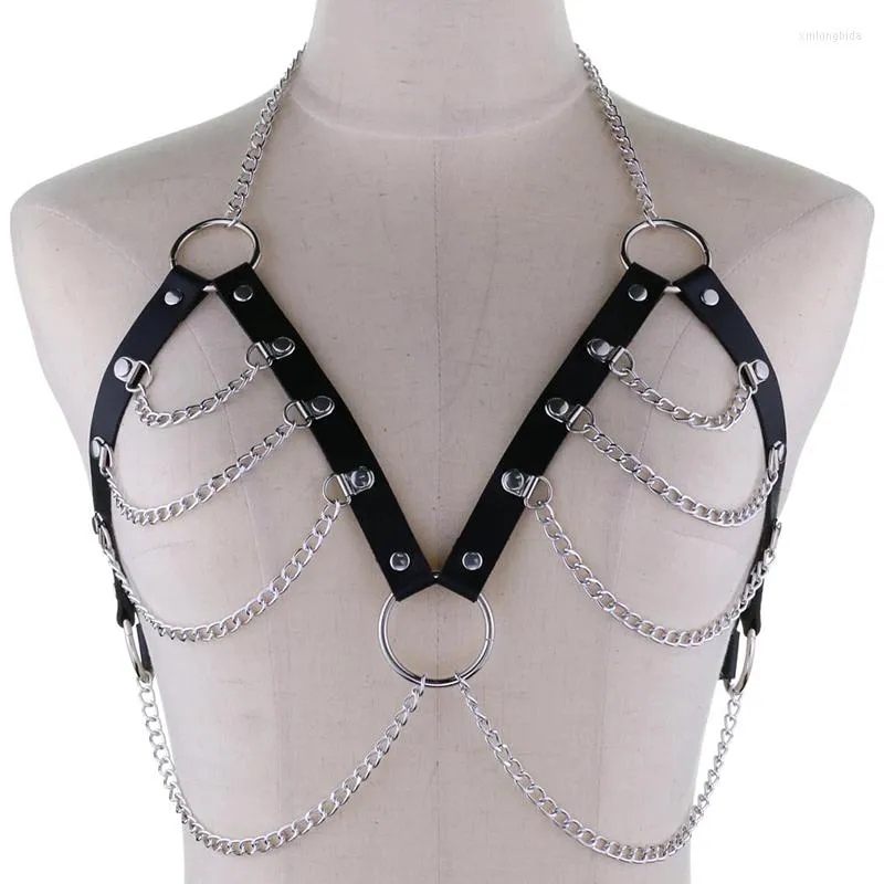 Débardeurs pour femmes Sexy Layered Cuir Harnais Chaîne Soutien-gorge Top Poitrine Ceinture Sorcière Gothique Punk Mode Métal Femme Bijoux Accessoires 16 Couleur