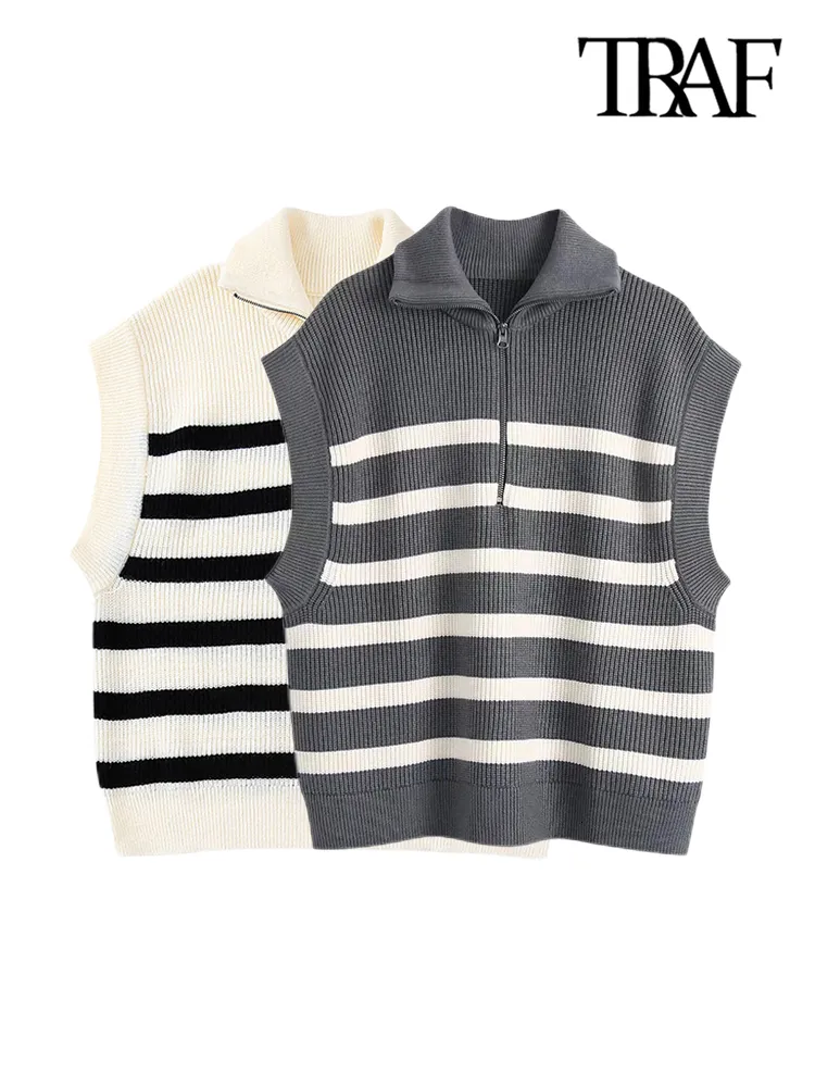 Women's Vests TRAF Women Fashion Front Zip Loose Striped Knit Vest Sweater Vintage High Neck Sleeveless Female Waistcoat Chic Tops 221117