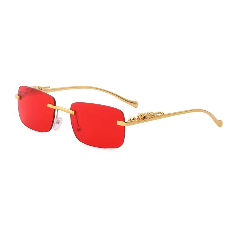 Rote Sonnenbrille für Damen, Designer-Carti-Brille, quadratisch, Panther, Leopard, Gold, Metall, klassisch, randlos, rechteckig, Brillen, modische Retro-Markenbrillen, Sonnenbrille