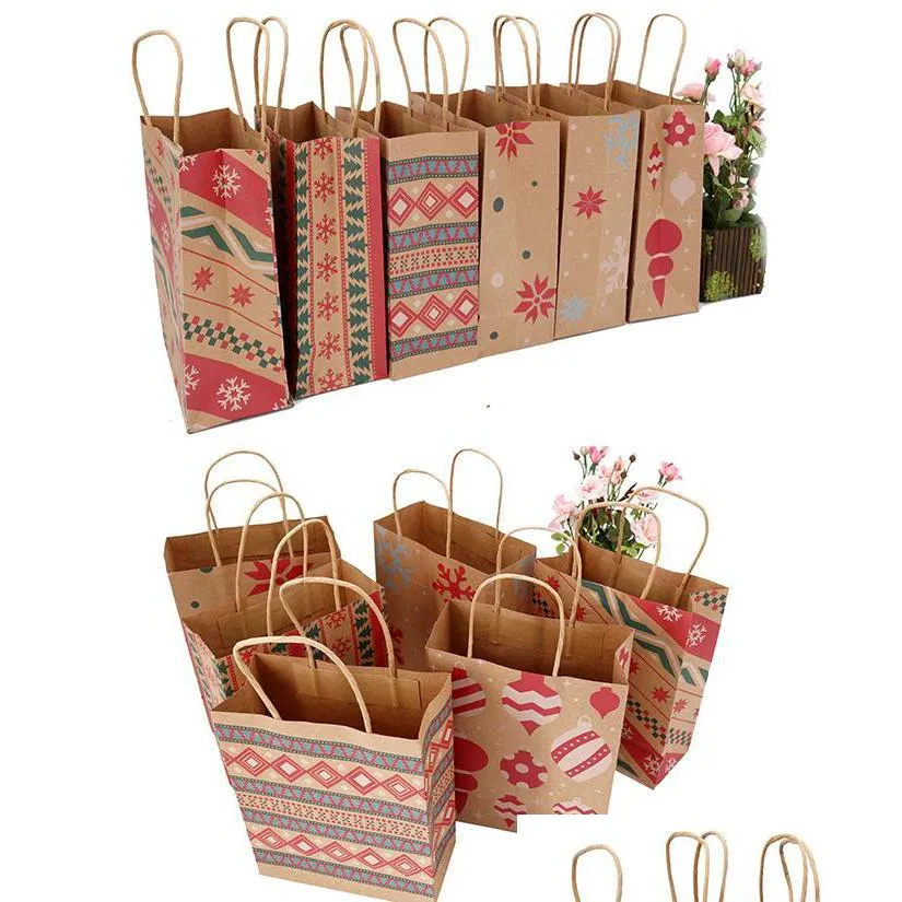 Cadeau Wrap Noël Kraft Papier Imprimé Sacs-cadeaux Sac à main Cadeaux de Noël Favoris Jouets Vêtements Wrap Totes Shop Sac de transport Emballage Co Dh5Cr