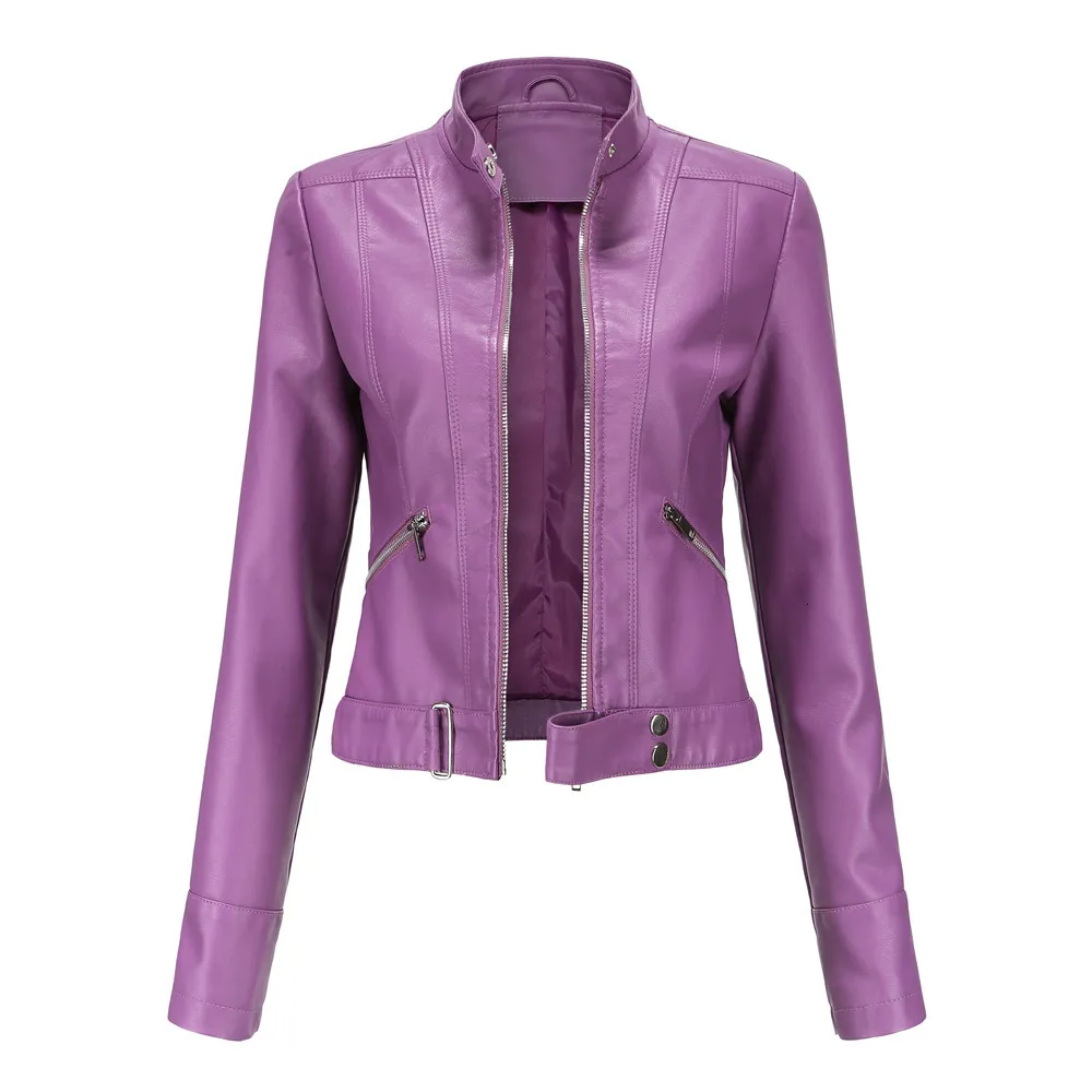 Giacca da donna in pelle sintetica moda Donna Moto Biker Cappotto da moto femminile Viola Nero Caffè Rosso Autunno Primavera Veste Cuir Femme 221117