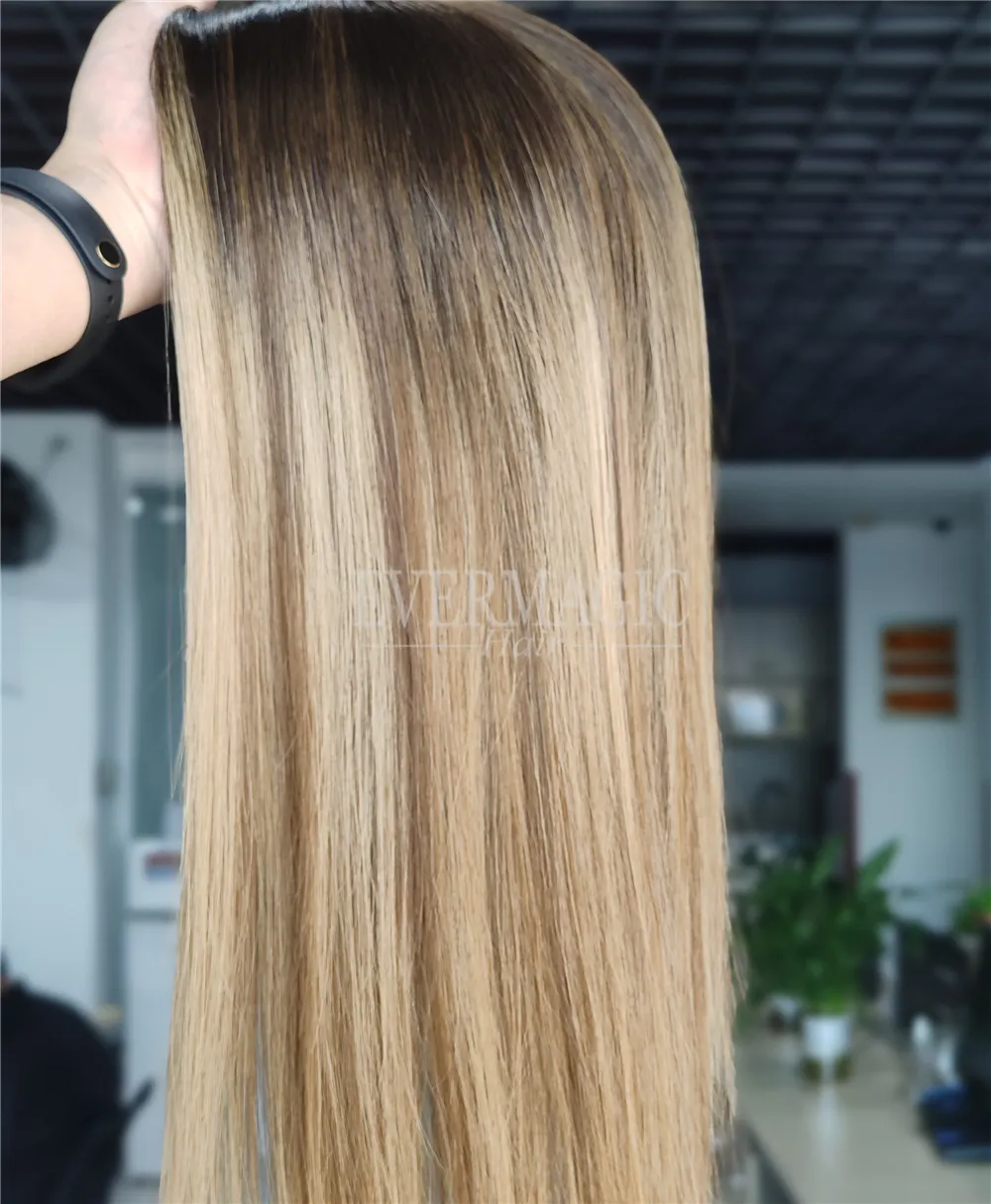 Balayage Light Brown Skin Top Toppers de cheveux humains Clips en morceaux pour la perte de cheveux des femmes