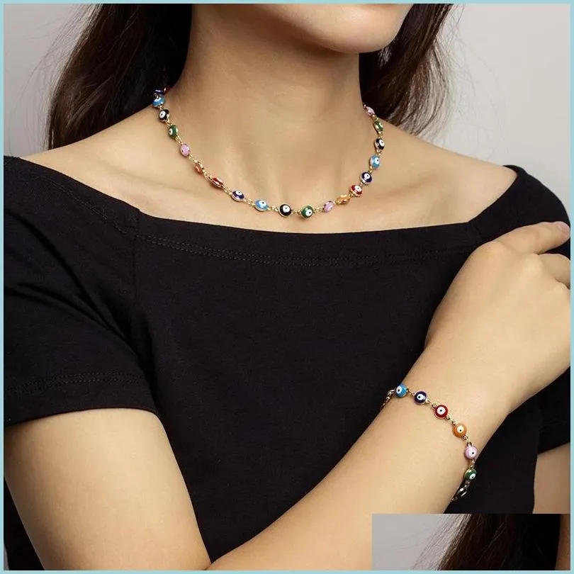 Gargantillas Colorf Bohemia Ojo Collar Pulsera Tobillera Conjunto de joyas Cuentas Gargantillas Mujeres Moda Entrega de gota Collares Colgantes Dhznf