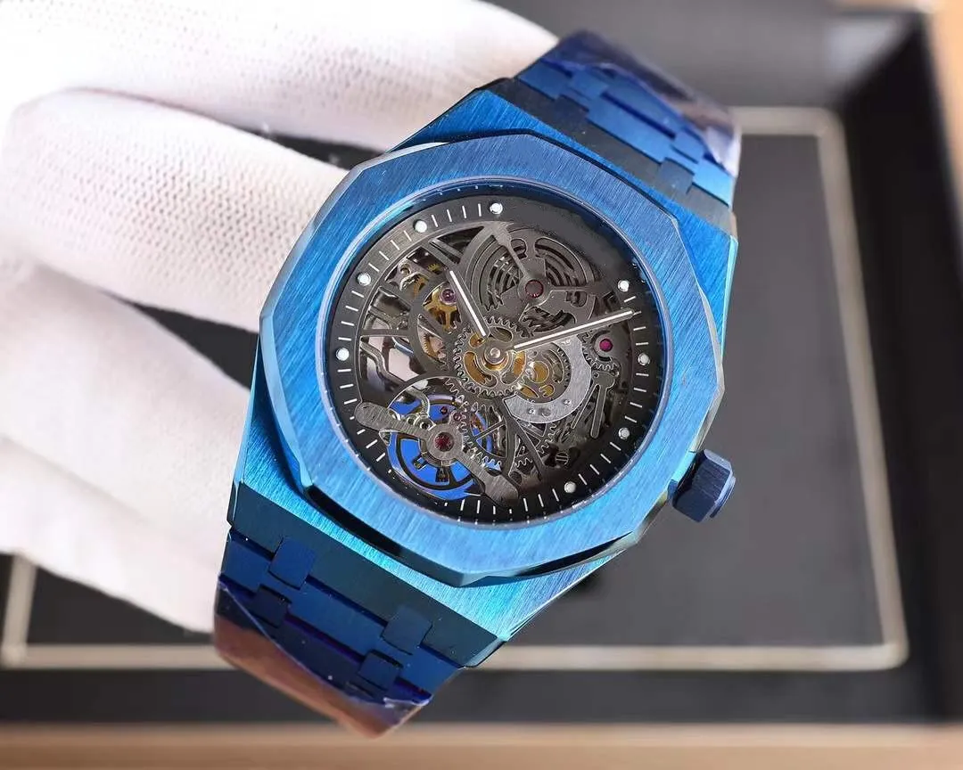 Orologio automatico da uomo classico con volano meccanico Orologio da polso scheletro in acciaio inossidabile Orologio geometrico blu reale completo Orologio da uomo impermeabile 42 mm