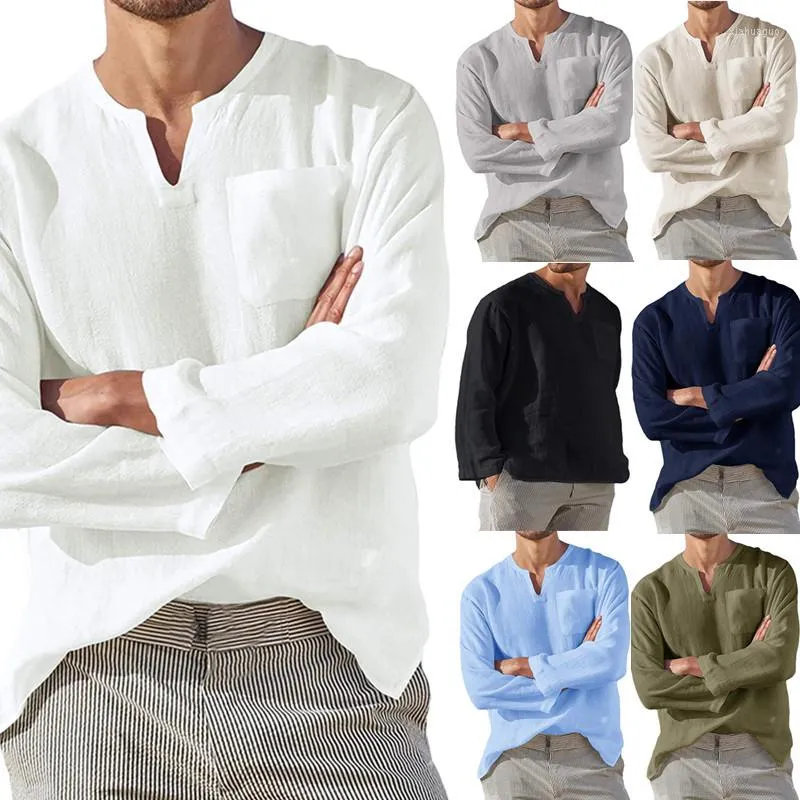 T-shirts pour hommes Chemise décontractée pour hommes Couleur unie T-shirts à manches longues T-shirts amples Col en V T-shirt en lin Top Pull Vêtements pour hommes