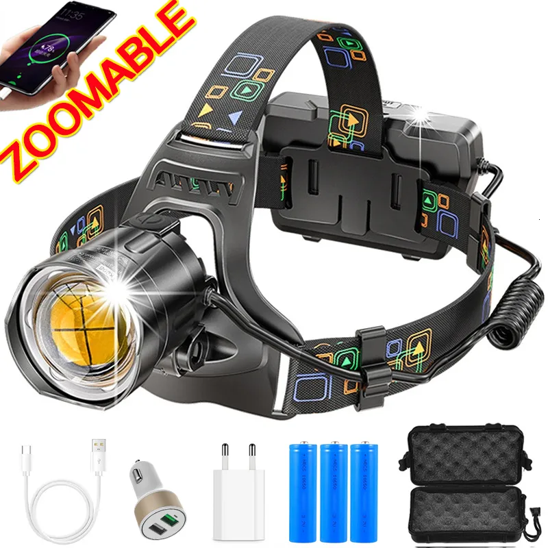 Headlamps Powerful XHP100 Led Headlamp Zoomable USB Rechargeable Headlight Waterproof Output 18650 Head Torch Fishing Flashlight Camping 221117