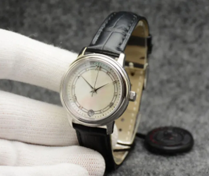 De Ville Prestige Watch Automatic Mécanique Case Silver Shell Calle de coque en cuir noir Date Sapphire Glass