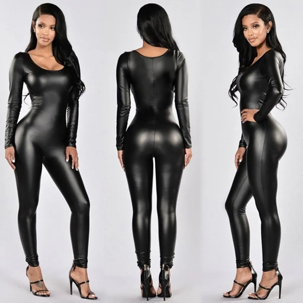 Femmes Combinaisons Barboteuses Sexy Noir Combinaison Femmes PU En Cuir À Manches Longues Fermeture Éclair Plus La Taille Body Latex Catsuit Club wear Streetwear 221118