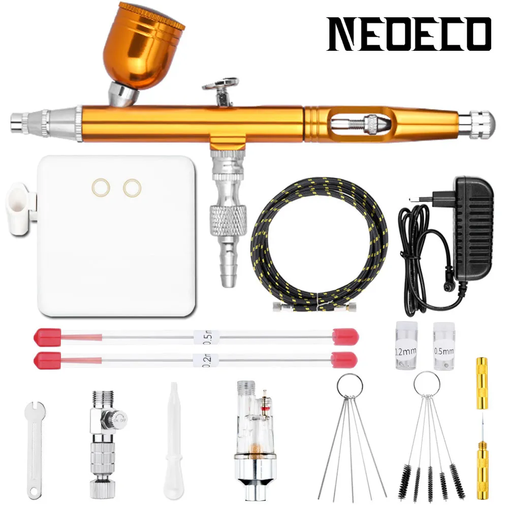 Spray Guns Auto Stop Function Dual-Action Airbrush With Compressor 0.2mm/0.3mm/0.5mm Gold Kit Gun Power Touch Switch Cake Model 221118