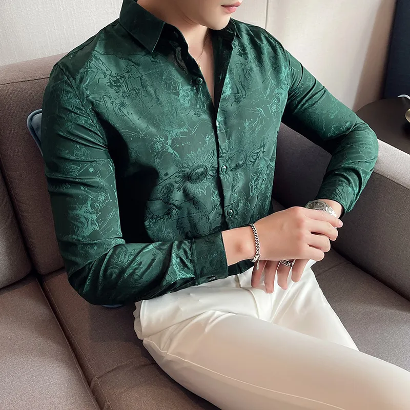 Casual shirts heren heren high -kwaliteit streep slank fit lange mouw mannelijk mode zakelijk overhemd shirt groen zwarte revers 221117