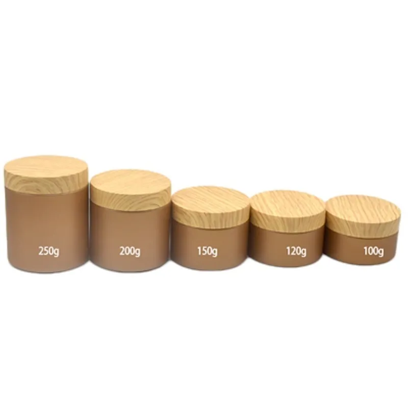 Verpackung: Leere Kunststoff-Cremeflasche, goldfarbenes und mattiertes braunes Glas, Kunststoff-Holzdeckel, 100 g, 120 g, 150 g, 200 g, 250 g, tragbarer, nachfüllbarer Kosmetikverpackungsbehälter