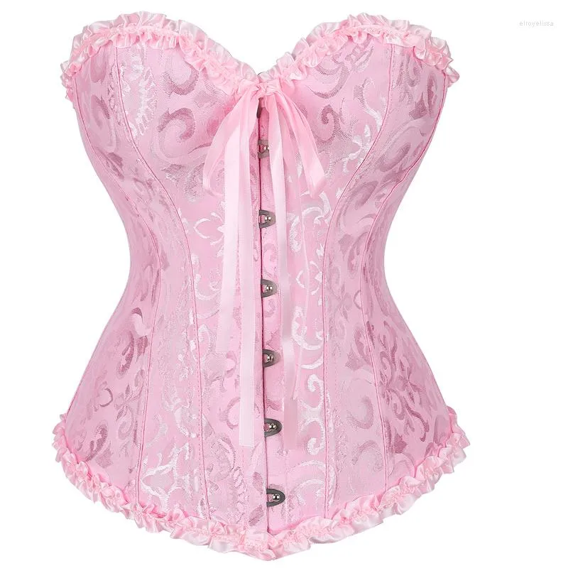 Vintage Brocade Pink Lace Corset Top Bustier For Women Sexy Lace