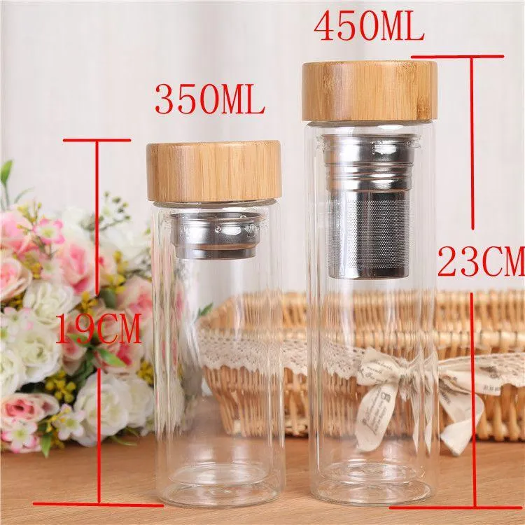 350/450Ml Double paroi verre bouteille d'eau infuseur à thé bureau tasse à thé filtres en acier inoxydable couvercle en bambou voyage verres 1118