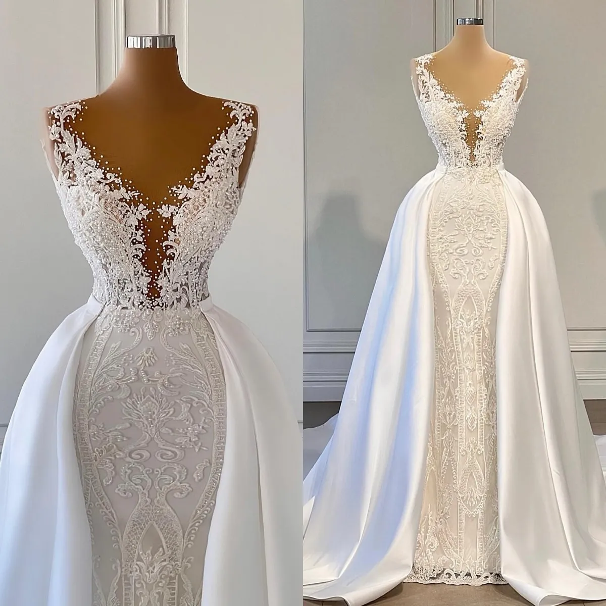 Elegante abito da sposa in pizzo a sirena con strascico staccabile con applicazioni di perline Abiti da sposa Arabo Dubai Abiti da sposa su misura