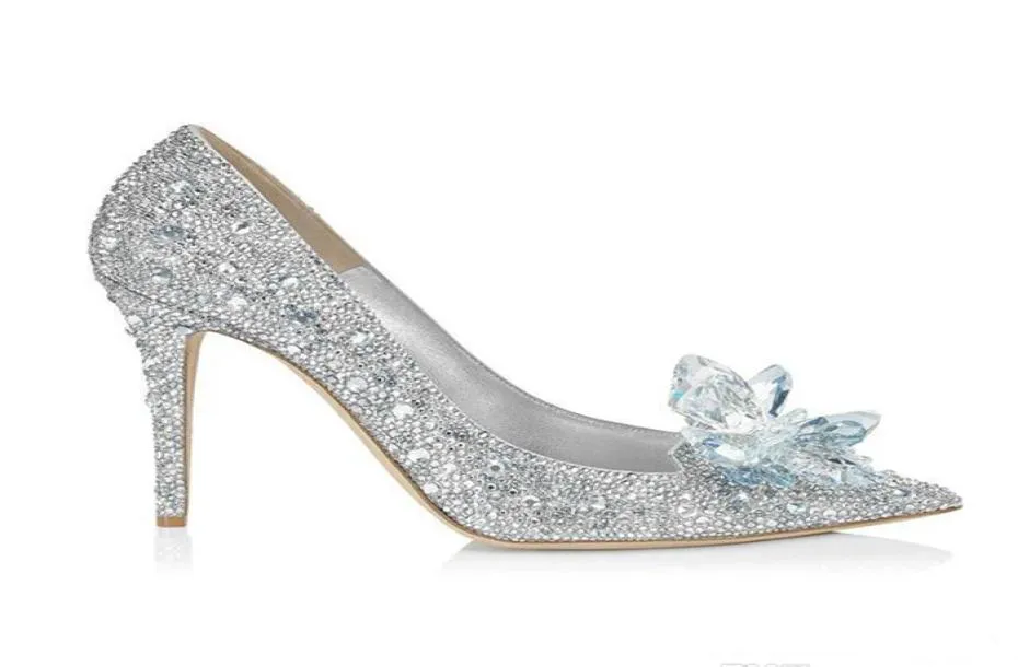 Cinderella Crystal Wedding Shoes High Heeled Women Stunning Glasses Bling Silver Rhinestone Bridal Shoes Prom Party Wear9387100