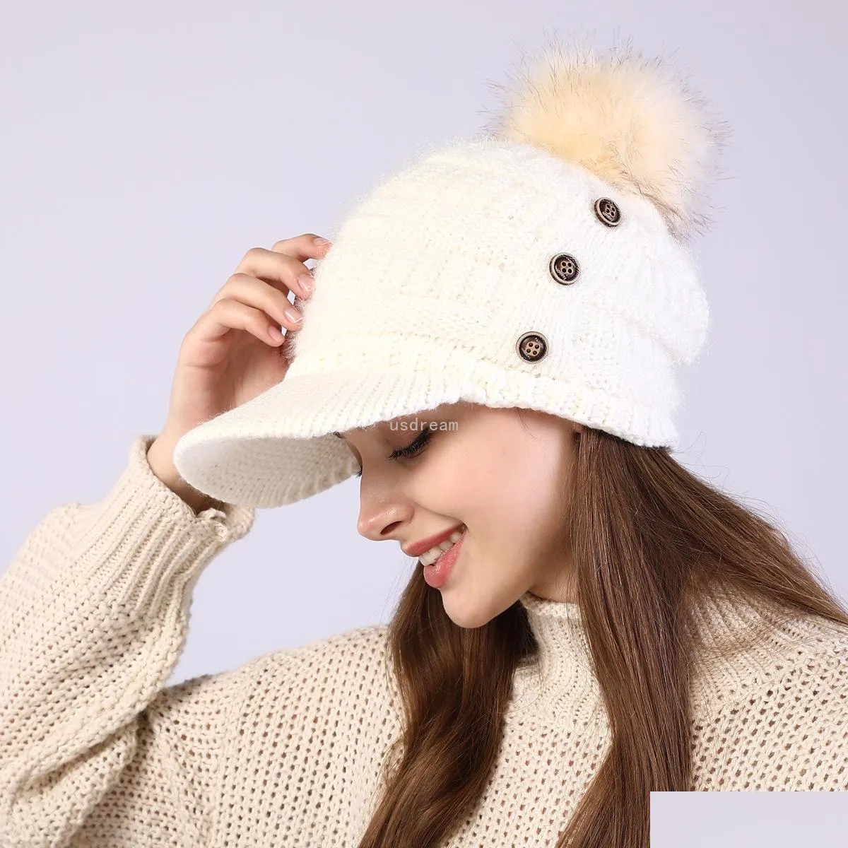 Cloches Knit Winter Warm Fleece Lined Button Hat Cap Fur Ball Baseball Skl Caps With Brim Women Hats Fashion Accessories Drop Delive Dhjty