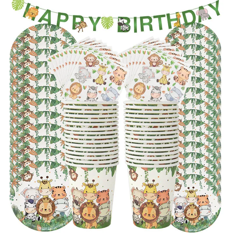 Wegwerp servies 61 stks Jungle Animal Doorgerei Set papierplaat Cup Napkin Banner Kids Boy Forest Safari Thema Verjaardagsfeestje Supplies 221117