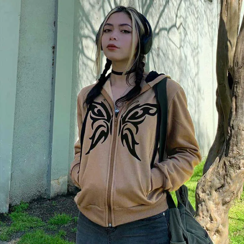 Damen Jacken Zip Hoodie Mode Gothic Butterfly Graphic Print Hoody Sweatshirt Sportjacke Langarm Größe Kapuzenjacke Mantel Streetwear T221105