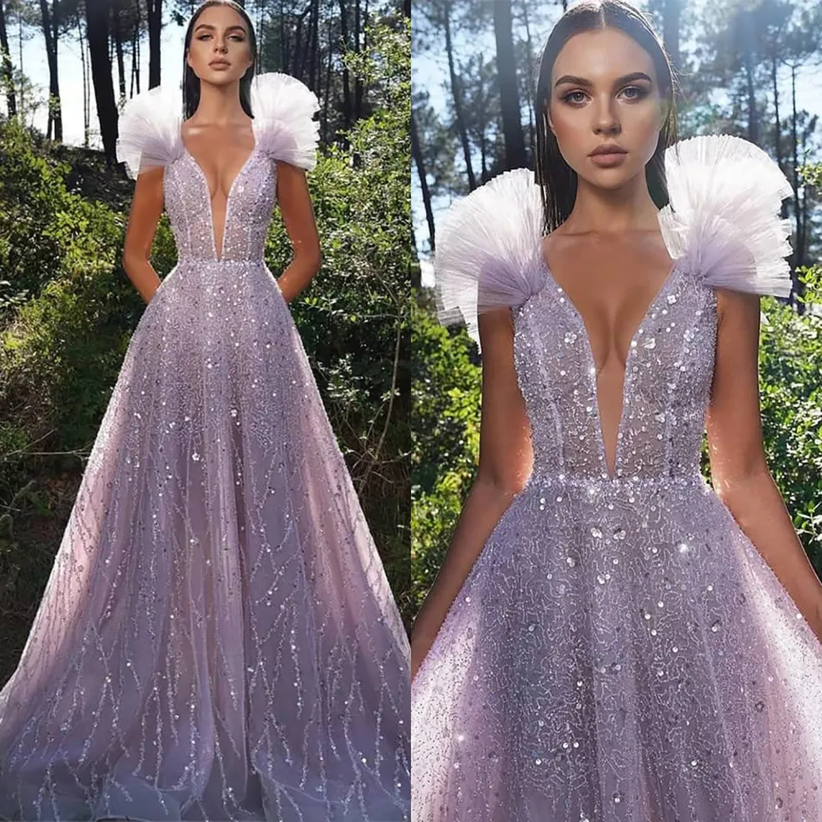 Vestidos de fiesta exuberantes Una línea Escote en V alto Diseño único Sin mangas Sin espalda Capas de tul Mancha Lentejuelas Hasta el suelo Por encargo Tallas grandes Batas de princesa