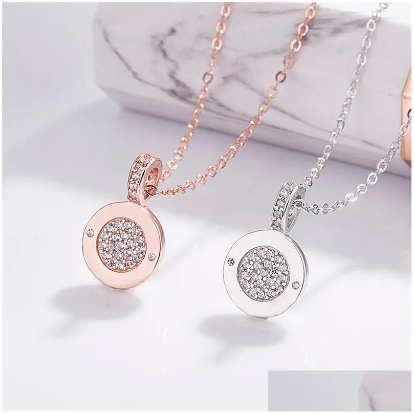 Anhänger Halsketten Doppelseitige Runde Anhänger Halsketten Für Frauen Rose Gold Luxus Strass 925 Sterling Silber Choker Halskette Mode Dhqms