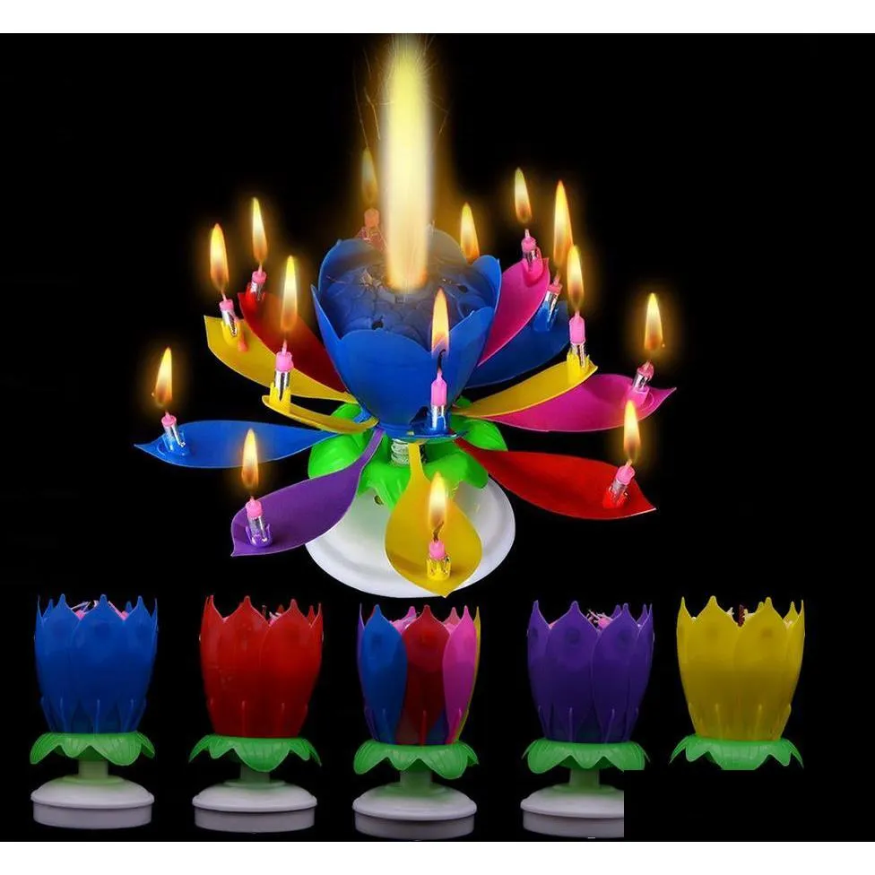 Party Decoration Musical Birthday Candle Magic Lotus Flower Candles Blossom Rotating Spin Party 14 Small 2Layers Cake Topper Decorat Dhxu6