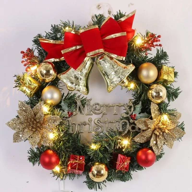 Decorative Flowers Wreaths Merry Christmas Decorations For Home LED Glowing Garland Ornaments Year Artificial Green Leaves Door Decor Hanging Wreath 221117